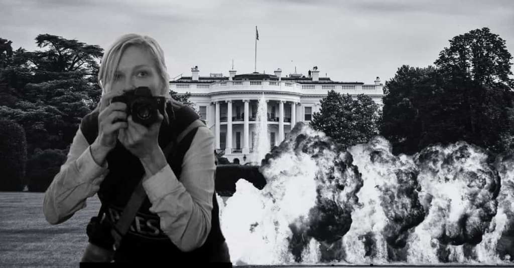 kristen dunst from civil war collaged over the whitehouse and an explosion